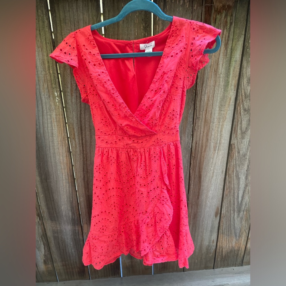 Japna Watermelon Eyelet Lace Faux Wrap Dress- size small